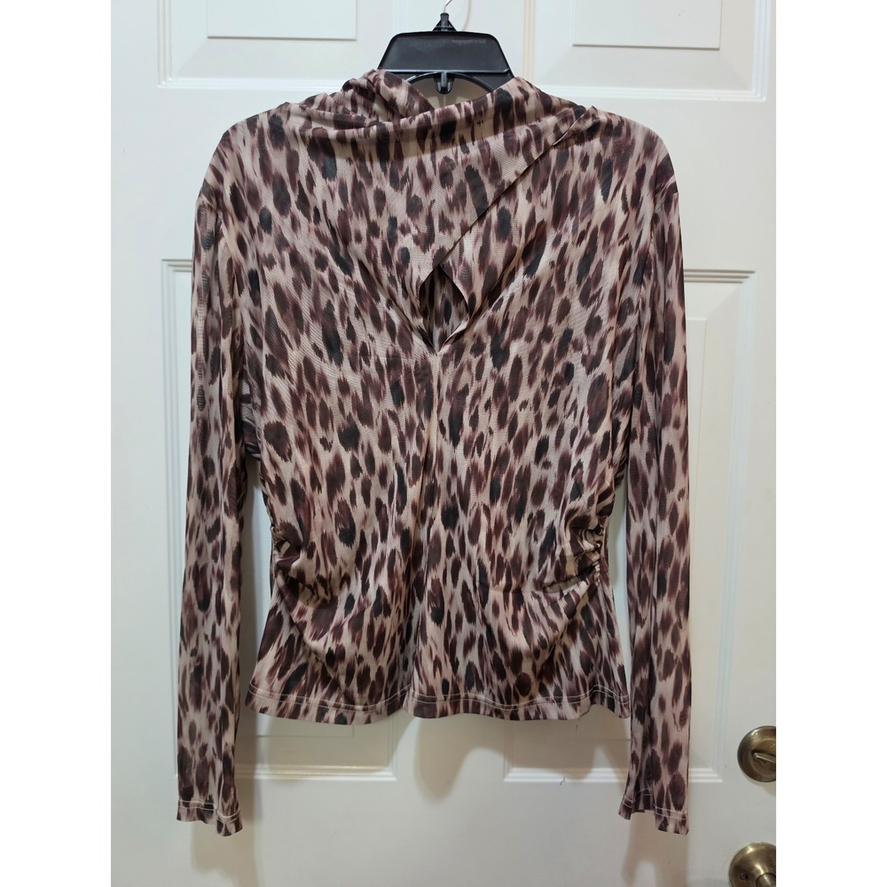 NWT Nicole Miller Leopard Print Mesh Long Sleeve Top Ruched Keyhole Mock Neck L